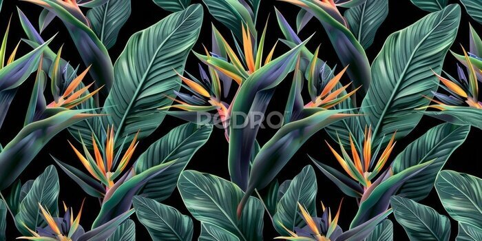 Papier peint  Seamless pattern, tropical strelitzia flowers, palm leaves in green color. 3d vintage illustration, dark background, premium texture, art. Luxury wallpaper, dark mural, cloth, curtains, Generative AI