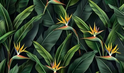 Papier peint  seamless pattern tropical strelitzia flowers palm leaves in green color 3d vintage illustration dark background premium texture art luxury wallpaper dark mural cloth curtains poster, Generative AI