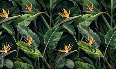Papier peint  seamless pattern tropical strelitzia flowers palm leaves in green color 3d vintage illustration dark background premium texture art luxury wallpaper dark mural cloth curtains poster, Generative AI