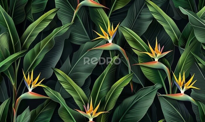 Papier peint  seamless pattern tropical strelitzia flowers palm leaves in green color 3d vintage illustration dark background premium texture art luxury wallpaper dark mural cloth curtains poster, Generative AI