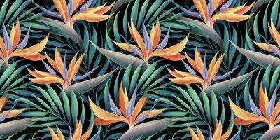 Papier peint  Seamless pattern, tropical strelitzia flowers, palm leaves in green color. 3d vintage illustration, dark background, premium texture, art. Luxury wallpaper, dark mural, cloth, curtains, poster, paper