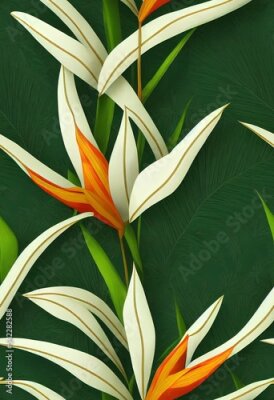 Papier peint  Seamless pattern, tropical strelitzia flowers, palm leaves in green color. 3d vintage illustration, dark background, premium texture, art. Luxury wallpaper, dark mural, cloth, curtains, poster, paper