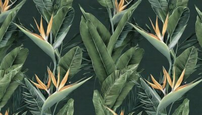 Papier peint  seamless pattern tropical strelitzia flowers palm leaves in green color 3d vintage illustration dark background premium texture art luxury wallpaper dark mural cloth curtains poster paper