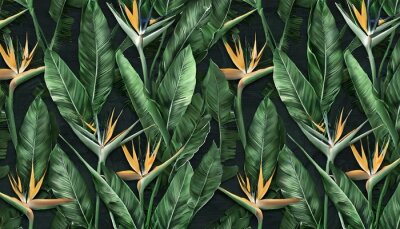 Papier peint  seamless pattern tropical strelitzia flowers palm leaves in green color 3d vintage illustration dark background premium texture art luxury wallpaper dark mural cloth curtains poster paper