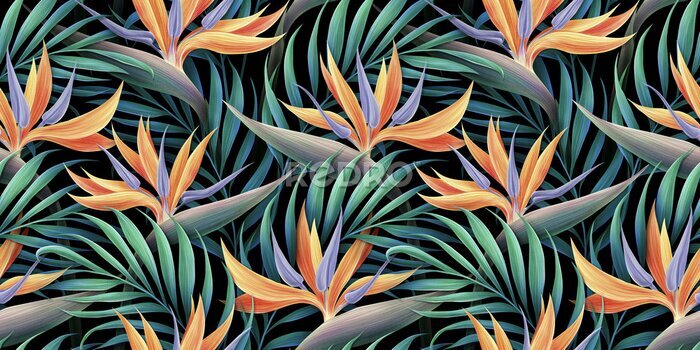 Papier peint  Seamless pattern, tropical strelitzia flowers, palm leaves in green color. 3d vintage illustration, dark background, premium texture, art. Luxury wallpaper, dark mural, cloth, curtains, poster, paper