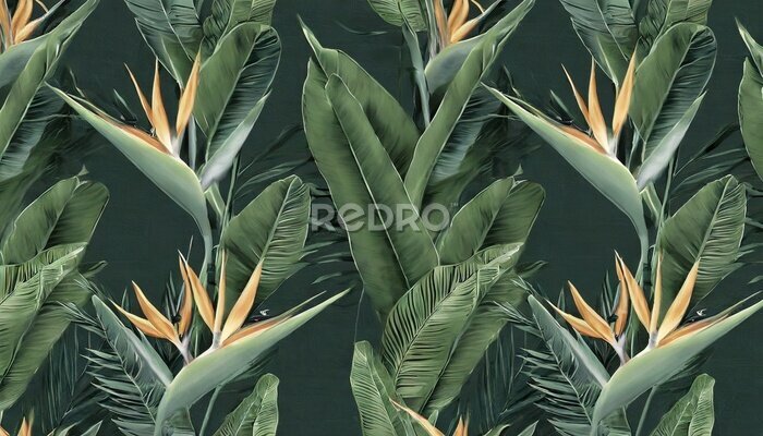 Papier peint  seamless pattern tropical strelitzia flowers palm leaves in green color 3d vintage illustration dark background premium texture art luxury wallpaper dark mural cloth curtains poster paper