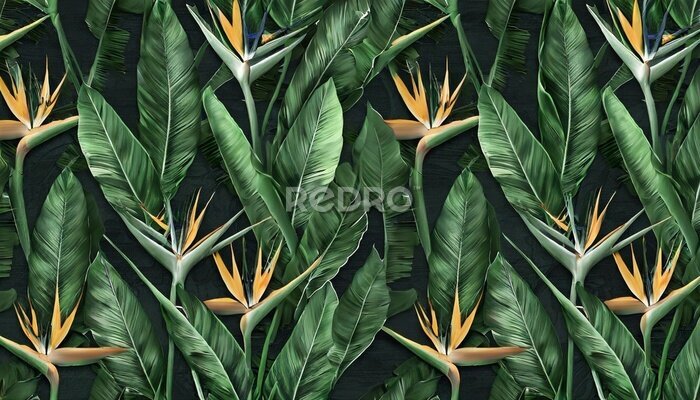 Papier peint  seamless pattern tropical strelitzia flowers palm leaves in green color 3d vintage illustration dark background premium texture art luxury wallpaper dark mural cloth curtains poster paper