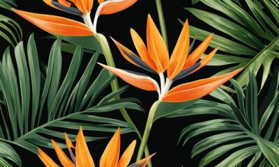 Papier peint  Seamless pattern, tropical strelitzia flowers, palm leaves in green color. 3d vintage illustration, dark background, premium texture, art.Luxury wallpaper, mural, cloth, curtains, poster,Generative AI