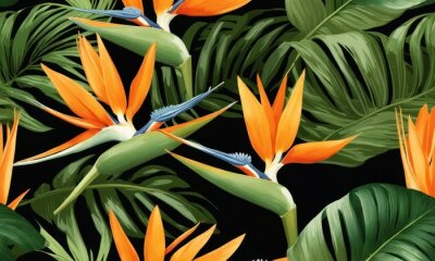 Papier peint  Seamless pattern, tropical strelitzia flowers, palm leaves in green color. 3d vintage illustration, dark background, premium texture, art.Luxury wallpaper, mural, cloth, curtains, poster,Generative AI