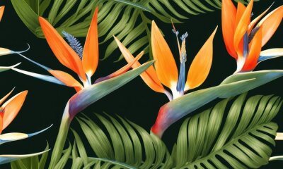 Papier peint  Seamless pattern, tropical strelitzia flowers, palm leaves in green color. 3d vintage illustration, dark background, premium texture, art.Luxury wallpaper, mural, cloth, curtains, poster,Generative AI