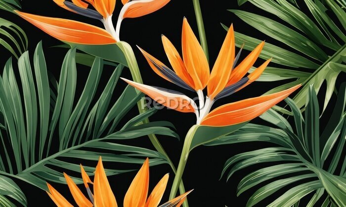 Papier peint  Seamless pattern, tropical strelitzia flowers, palm leaves in green color. 3d vintage illustration, dark background, premium texture, art.Luxury wallpaper, mural, cloth, curtains, poster,Generative AI
