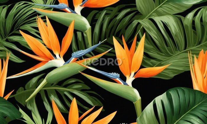 Papier peint  Seamless pattern, tropical strelitzia flowers, palm leaves in green color. 3d vintage illustration, dark background, premium texture, art.Luxury wallpaper, mural, cloth, curtains, poster,Generative AI