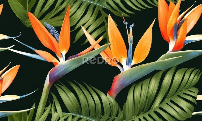 Papier peint  Seamless pattern, tropical strelitzia flowers, palm leaves in green color. 3d vintage illustration, dark background, premium texture, art.Luxury wallpaper, mural, cloth, curtains, poster,Generative AI
