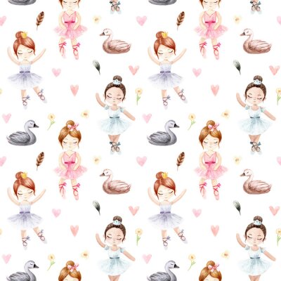 Seamless pattern. Watercolor ballerina. Hand painted illustration isolated white background.