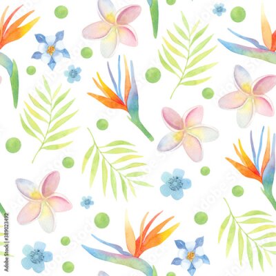 Papier peint  Seamless pattern. Watercolor exotic flowers. Tropical plants. Strelitzia, Plumeria.