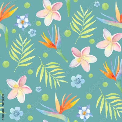 Papier peint  Seamless pattern. Watercolor exotic flowers. Tropical plants. Strelitzia, Plumeria.