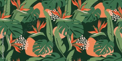 Papier peint  Seamless pattern with abstract tropical floral print of palm leaves, monstera, strelitzia flowers. Vector graphics.