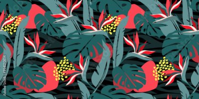 Papier peint  Seamless pattern with abstract tropical jungle. Summer print with monstera leaves, palm trees, strelitzia flowers. Vector graphics.