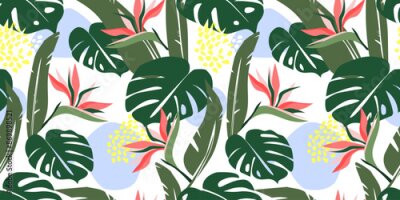 Papier peint  Seamless pattern with abstract tropical leaves, exotic Strelitzia flowers. Vector graphics.