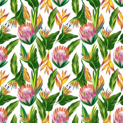 Papier peint  Seamless pattern with african flowers, leaf, protea, strelitzia in digital, realistic style. Jungle illustration print
