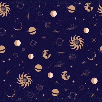 Seamless pattern with Astrology and Space concept. Minimalistic objects made in the style of one line. Editable vector illustration.