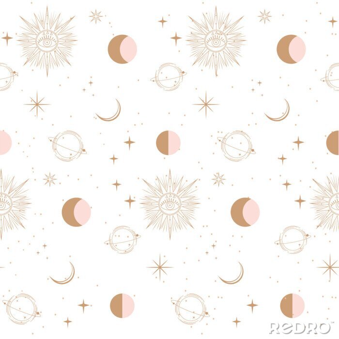 Papier peint  Seamless pattern with Astrology and Space concept. Minimalistic objects made in the style of one line. Editable vector illustration.