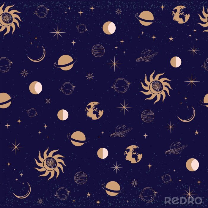 Papier peint  Seamless pattern with Astrology and Space concept. Minimalistic objects made in the style of one line. Editable vector illustration.