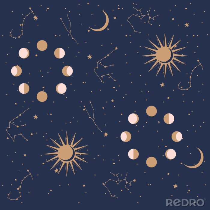 Papier peint  Seamless pattern with Astrology and Space concept. Minimalistic objects made in the style of one line. Editable vector illustration.