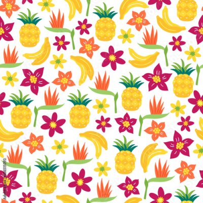 Papier peint  Seamless pattern with banana, tropical flowers, strelitzia and pineapple