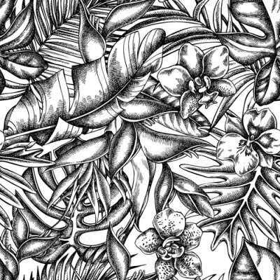 Papier peint  Seamless pattern with black and white monstera, banana palm leaves, strelitzia, heliconia, tropical palm leaves, orchid