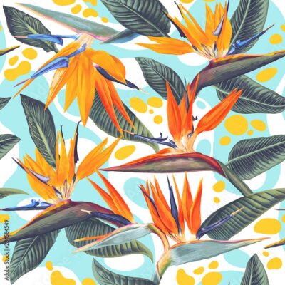 Papier peint  Seamless pattern with bright color splashes and tropical flowers and leaves of Strelitzia Reginae. Realistic style, hand drawn. Background for prints, fabric, wallpapers, wrapping paper, textile.