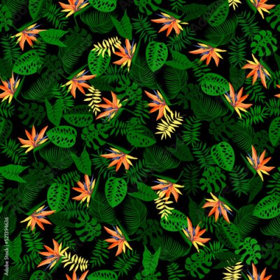 Papier peint  Seamless pattern with bright tropical flowers strelitzia and leaves. Hand drawn, vector, bright colours. Background for prints, fabric, wallpapers, wrapping paper..