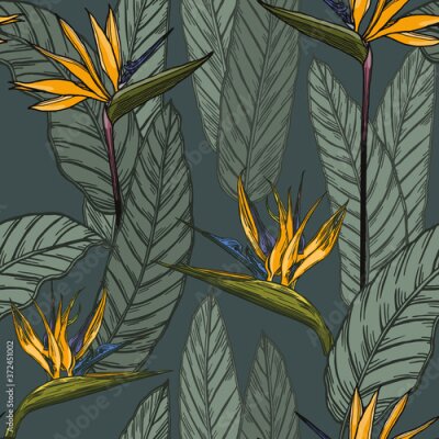 Papier peint  Seamless pattern with bright tropical leaves and strelitzia flowers. Bird of Paradise flowers. Exotic plants on dark background. Hand drawn jungle foliage illustration.