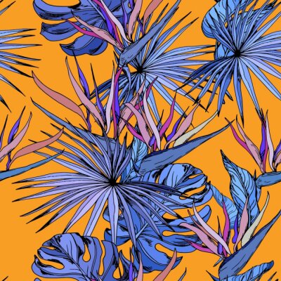 Papier peint  Seamless pattern with colorful tropical leaves and exotic strelitzia flowers. Bird of Paradise flowers. Hand drawn vector illustration on orange background.