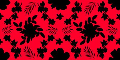 Papier peint  Seamless pattern with different flowers and leaves: rose, daisy and strelitzia, watercolor painting. For design cards, drawing and textiles. Black pattern on red background.