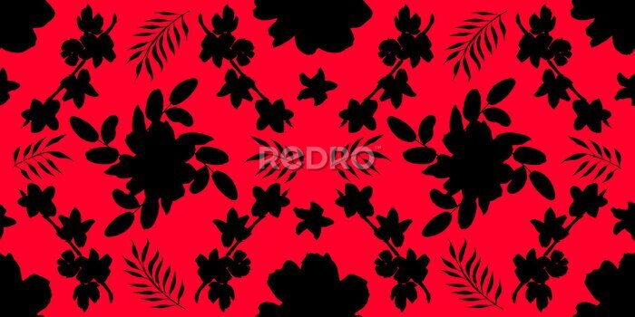 Papier peint  Seamless pattern with different flowers and leaves: rose, daisy and strelitzia, watercolor painting. For design cards, drawing and textiles. Black pattern on red background.