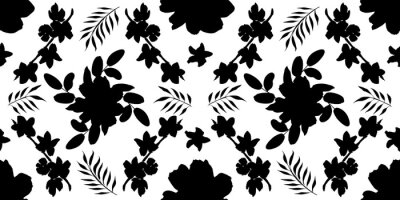 Papier peint  Seamless pattern with different flowers and leaves: rose, daisy and strelitzia, watercolor painting. For design cards, drawing and textiles. Black pattern on white background.