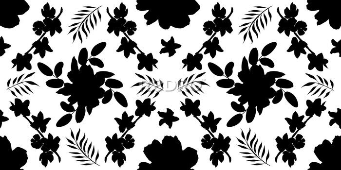Papier peint  Seamless pattern with different flowers and leaves: rose, daisy and strelitzia, watercolor painting. For design cards, drawing and textiles. Black pattern on white background.