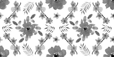 Papier peint  Seamless pattern with different flowers and leaves: rose, daisy and strelitzia, watercolor painting. For design cards, drawing and textiles. Gray pattern on white background.