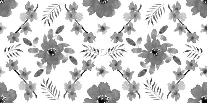 Papier peint  Seamless pattern with different flowers and leaves: rose, daisy and strelitzia, watercolor painting. For design cards, drawing and textiles. Gray pattern on white background.