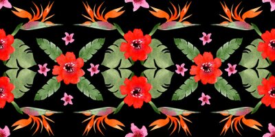 Papier peint  Seamless pattern with different flowers and leaves: rose, daisy and strelitzia, watercolor painting. For design cards, drawing and textiles. On a black background.