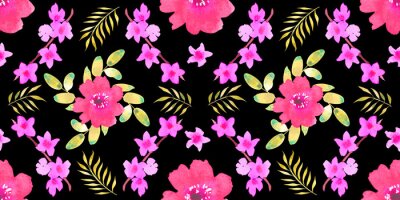 Papier peint  Seamless pattern with different flowers and leaves: rose, daisy and strelitzia, watercolor painting. For design cards, drawing and textiles. On a black background.