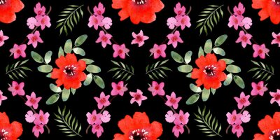 Papier peint  Seamless pattern with different flowers and leaves: rose, daisy and strelitzia, watercolor painting. For design cards, drawing and textiles. On a black background.