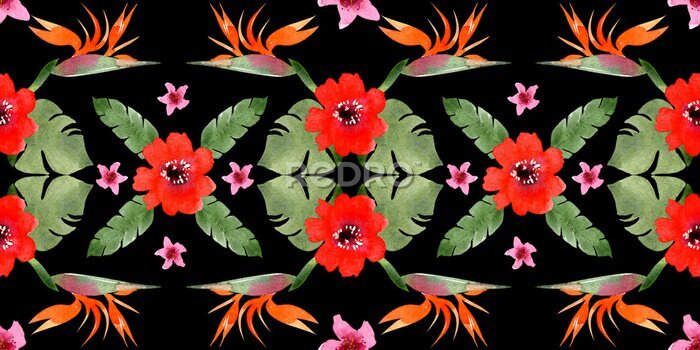 Papier peint  Seamless pattern with different flowers and leaves: rose, daisy and strelitzia, watercolor painting. For design cards, drawing and textiles. On a black background.