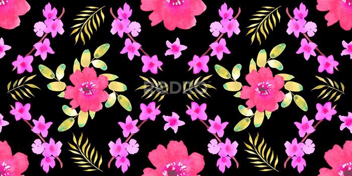 Papier peint  Seamless pattern with different flowers and leaves: rose, daisy and strelitzia, watercolor painting. For design cards, drawing and textiles. On a black background.