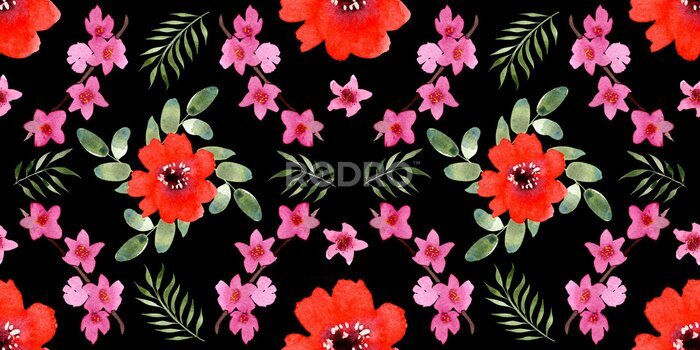 Papier peint  Seamless pattern with different flowers and leaves: rose, daisy and strelitzia, watercolor painting. For design cards, drawing and textiles. On a black background.