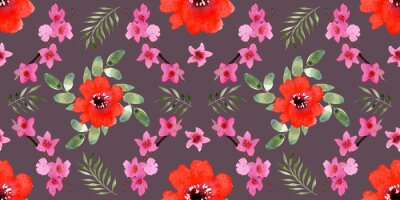 Papier peint  Seamless pattern with different flowers and leaves: rose, daisy and strelitzia, watercolor painting. For design cards, drawing and textiles. On a gray background.