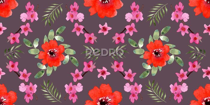 Papier peint  Seamless pattern with different flowers and leaves: rose, daisy and strelitzia, watercolor painting. For design cards, drawing and textiles. On a gray background.