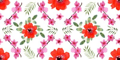 Papier peint  Seamless pattern with different flowers and leaves: rose, daisy and strelitzia, watercolor painting. For design cards, drawing and textiles. On a white background.