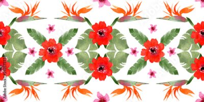 Papier peint  Seamless pattern with different flowers and leaves: rose, daisy and strelitzia, watercolor painting. For design cards, drawing and textiles. On a white background.